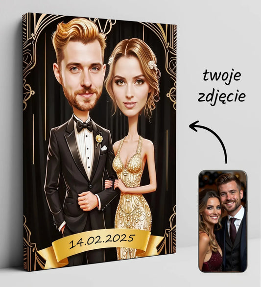 Personalizowany glamourowy plakat z karykaturą ślubną na canvasie Ekskluzywna karykatura ślubna glamour