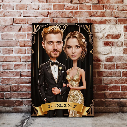 Ekskluzywna karykatura ślubna glamour przedstawiająca portret ślubny w stylu karykatury