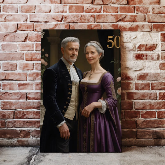 Renaissance-style portrait of a couple for 50th wedding anniversary gift