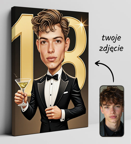 Elegancki prezent na 18 urodziny – karykatura w garniturze