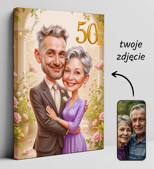 Karykatura na 50 rocznicę ślubu jako oryginalny prezent dla pary z miłością