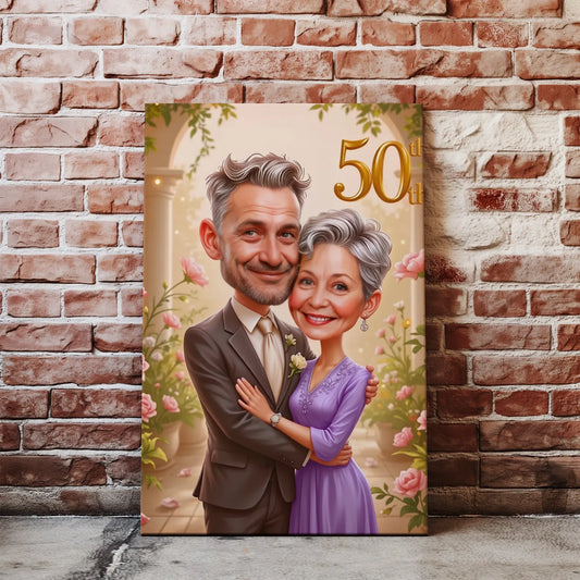 Karykatura pary świętującej 50. rocznicę ślubu jako oryginalny prezent