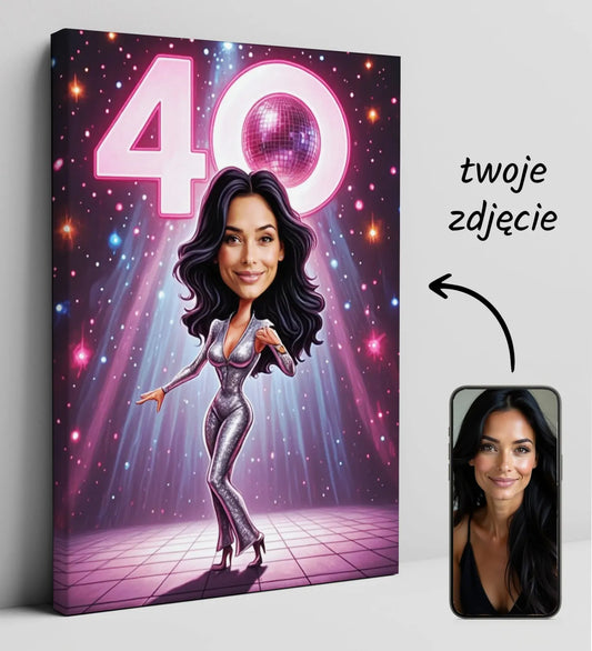 Personalizowany płócienny portret karikatura disco dla dziewczyny na 40 urodziny