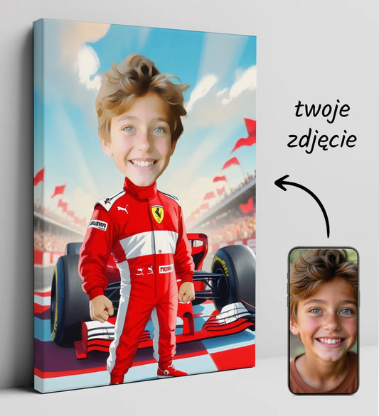Karykatura dziecka w stylu Formuły 1 na personalizowanej kanwie dla dzieci