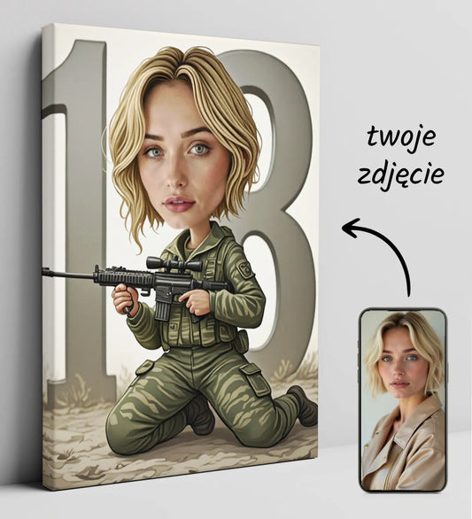 Personalizowany obraz na płótnie z kobieta w stroju wojskowym i karabinem