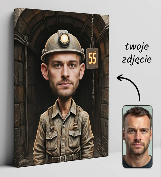 Karykatura portret górnika na urodziny, zabawny plakat z wizerunkiem górnika