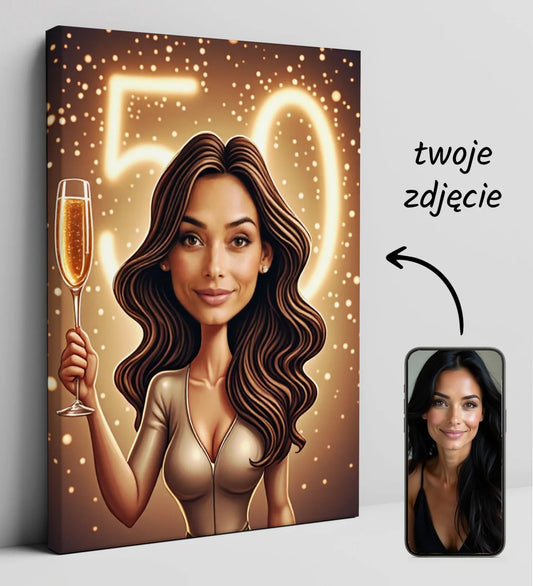 Spersonalizowany portret karykatura kobiety z kieliszkiem szampana i cyfrą 50 w tle