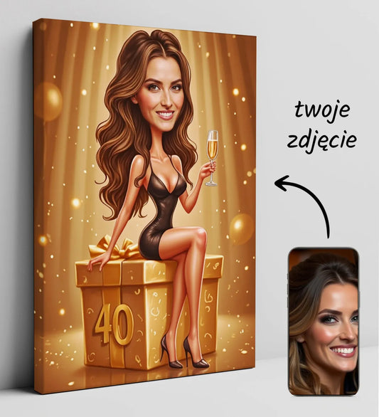 Spersonalizowana karykatura na 40 urodziny dla kobiety na canvasie