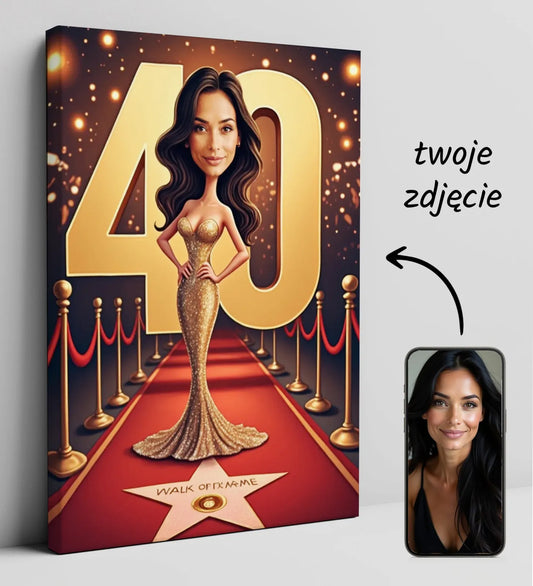 Personalizowany obraz na 40 urodziny Karykatura kobiety na czerwonym dywanie prezent