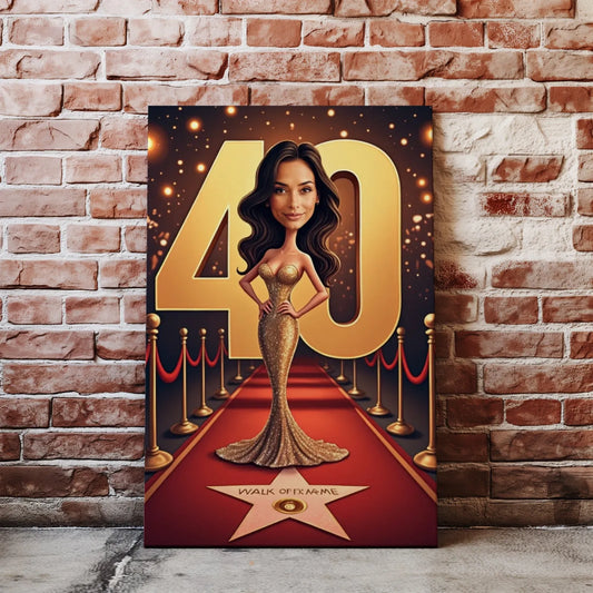 Karykatura kobiety na czerwonym dywanie z numerem 40 na urodziny prezent