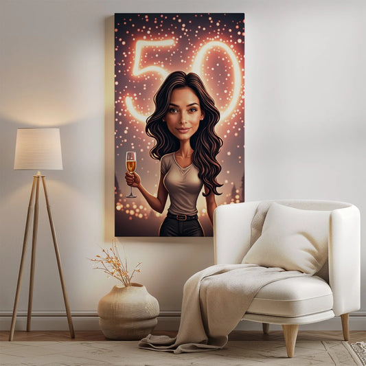 Portret kobiety z fajerwerkami na płótnie z napisem 50 jako oryginalny prezent
