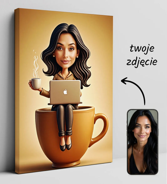 Personalizowany portret kobiety z kawą na płótnie, idealny prezent dla kawoszki