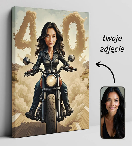 Personalizowany portret na płótnie 40 urodziny na motocyklu dla kobiety