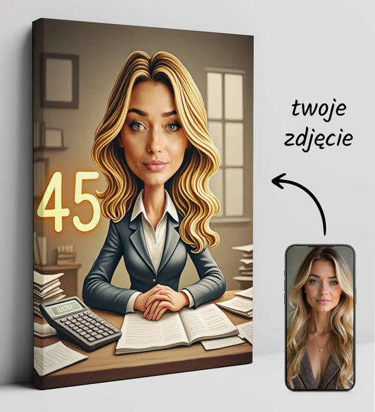 Personalizowany portret karykatura księgowej na płótnie na prezent urodzinowy