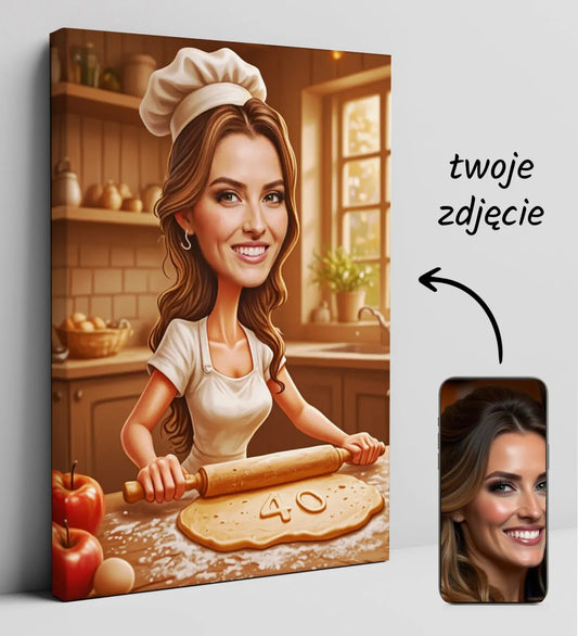 Baner z kreskówkowym piekarzem na płótnie dla kucharki z okazji urodzin