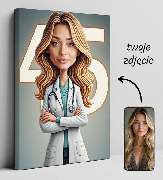 Personalizowany kreskówkowy portret lekarki na płótnie na prezent urodzinowy