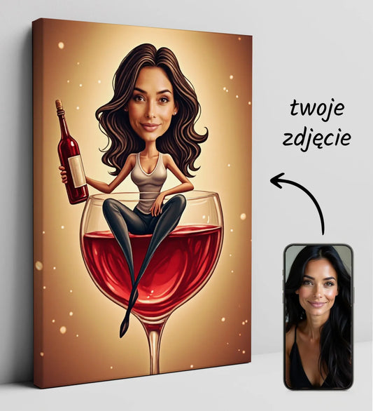 Personalizowany obraz na płótnie z kobieta w kieliszku wina, idealny dla miłośniczek wina