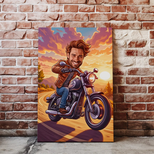 Karykatura motocyklisty na canvasie, kolorowy styl i personalizowany projekt