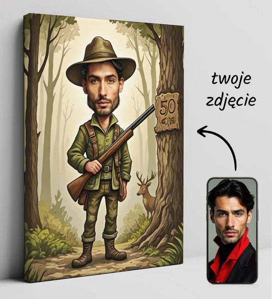 Personalized hunter caricature canvas for birthday gift Karykatura myśliwego