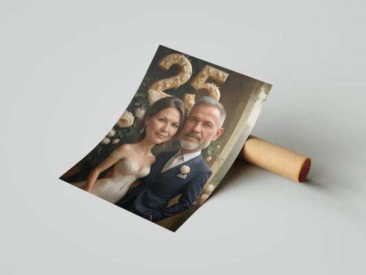 Karykatura na 25 rocznicę ślubu z parą w romantycznej scenerii