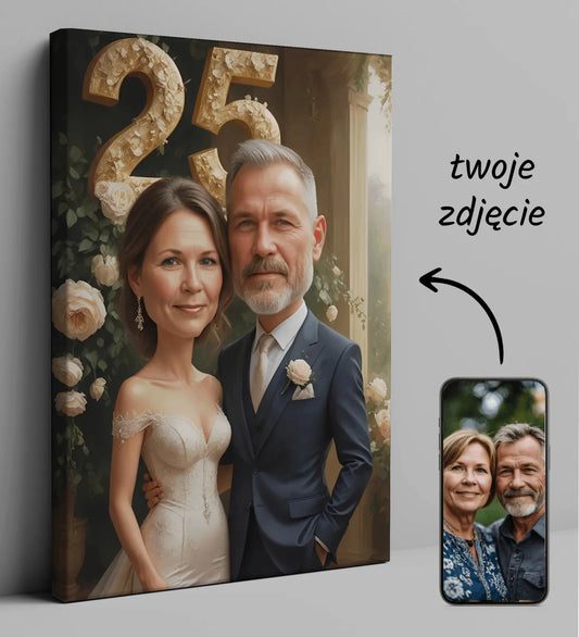 Personalizowana karykatura na 25 rocznicę ślubu na płótnie