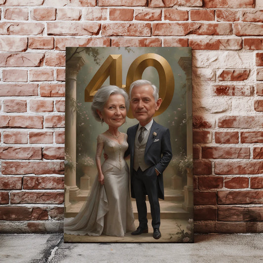 Karykatura pary świętującej 40-lecie małżeństwa z radosnym uśmiechem