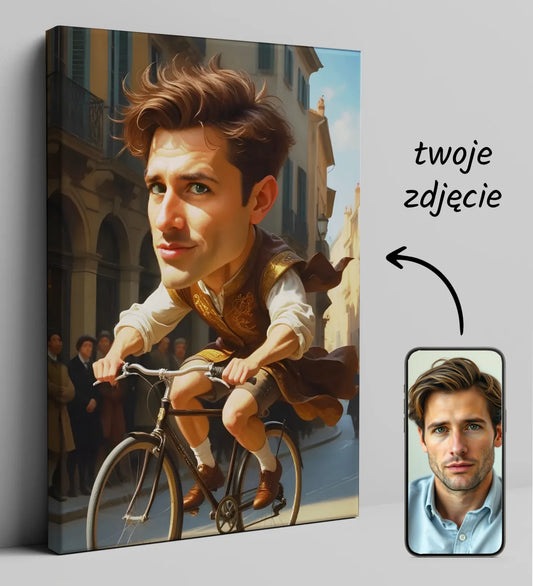 Karykatura na rowerze przedstawiająca kolorowy portret na płótnie