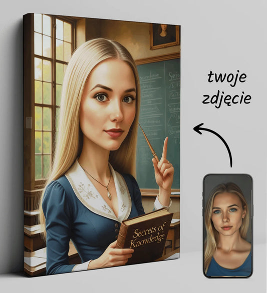 Karykatura nauczyciela na wydruku kanwasowym w stylu kreskówkowym