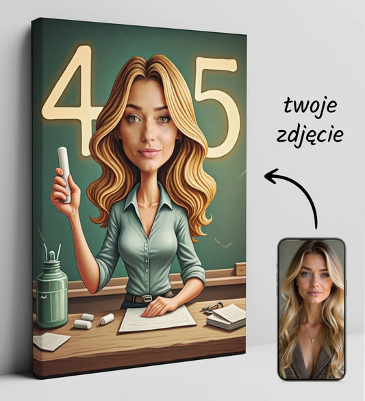 Personalizowany rysunkowy portret nauczycielki na produkt Karykatura nauczycielki