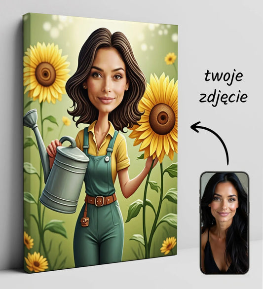Personalizowany plakat na płótnie z rysunkową kobietą w polu słoneczników Karykatura ogrodniczki