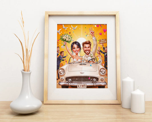 Framowana karykatura Pary Młodej jako unikalny prezent ślubny
