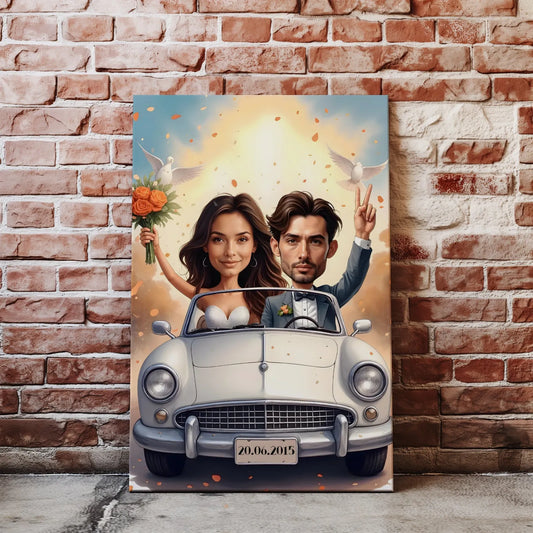 Karykatura pary młodej na płótnie w stylu kreskówkowym w klasycznym białym samochodzie