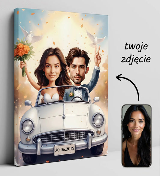 Personalizowany obraz na płótnie z kreskówkową parą młodą w samochodzie