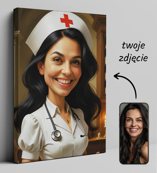 Karykatura pielęgniarki na płótnie, idealna dekoracja dla personelu medycznego