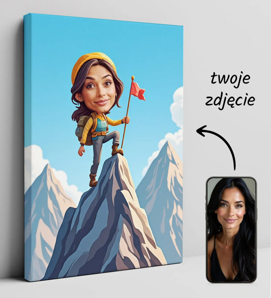 Personalizowany wydruk na płótnie z kreskówkową górską podróżniczką i alpinistką