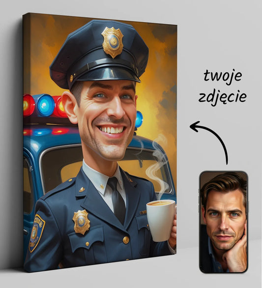 Karykatura policjanta w stylu rysunku karykaturalnego przedstawiająca funkcjonariusza