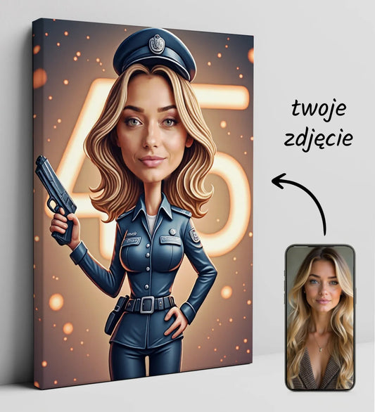 Personalizowany druk na płótnie z karykaturą policjantki na urodziny