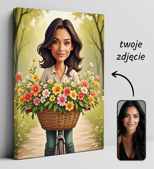 Spersonalizowany rysunek kobiety na rowerze z koszem kwiatów jako prezent dla kobiety