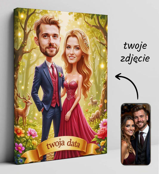 Personalizowana ślubna karikatura na płótnie w bajkowym lesie