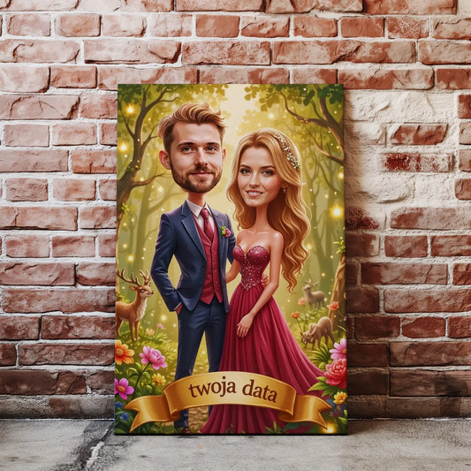 Karykatura ślubna pary młodej w bajkowym lesie, stylowa i zabawna ilustracja