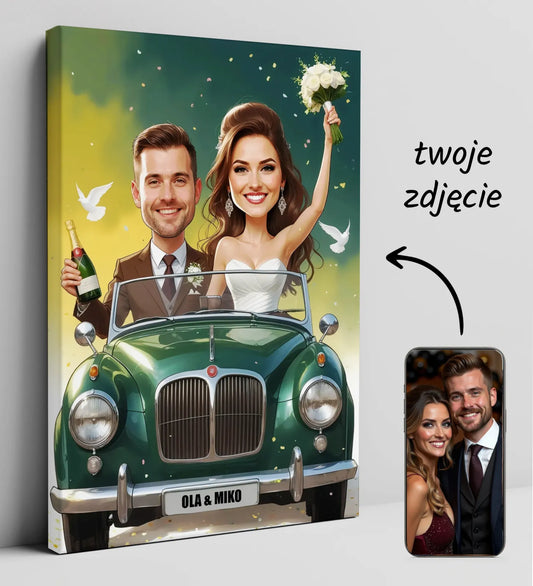 Podpis na canvasie z karykaturą ślubną pary młodej w samochodzie