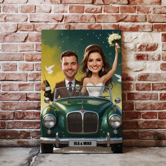 Szablon do druku na płótnie z karykaturą ślubną pary młodej w samochodzie