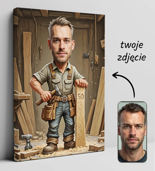 Karykatura stolarza na urodziny, kreskówkowy portret stolara, prezent na urodziny