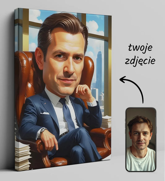 Karikatura szefa na płótnie, unikalny portret dla miłośników sztuki