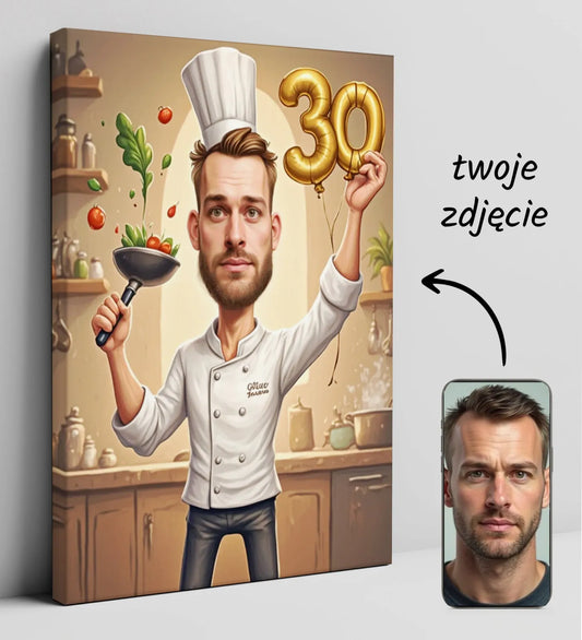 Karykatura szefa kuchni na płótnie, oryginalny prezent na urodziny, dekoracja kuchni