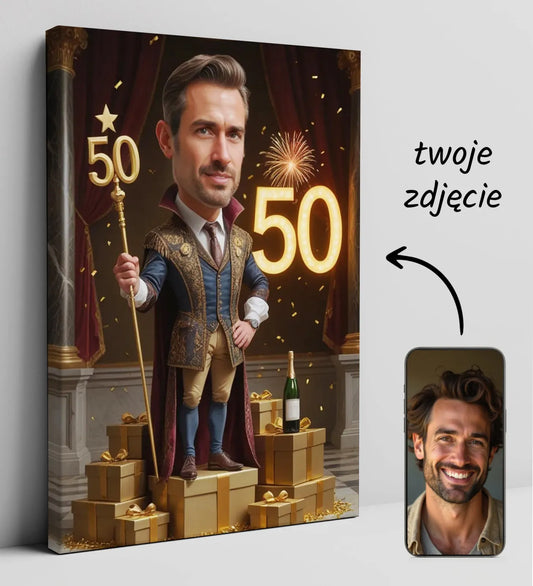 Personalizowana karykatura na płótnie z okazji 50. urodzin mężczyzny