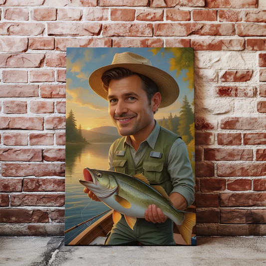 Canvas print przedstawiający wędkarza trzymającego rybę Karykatura wędkarza
