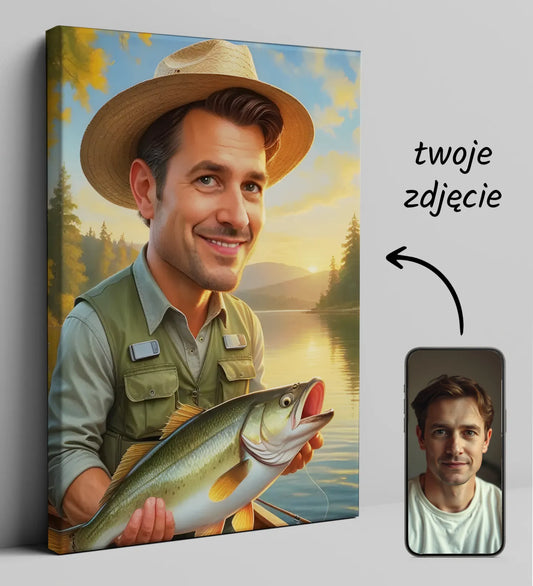 Personalizowana karykatura wędkarza na płótnie jako wyjątkowy prezent