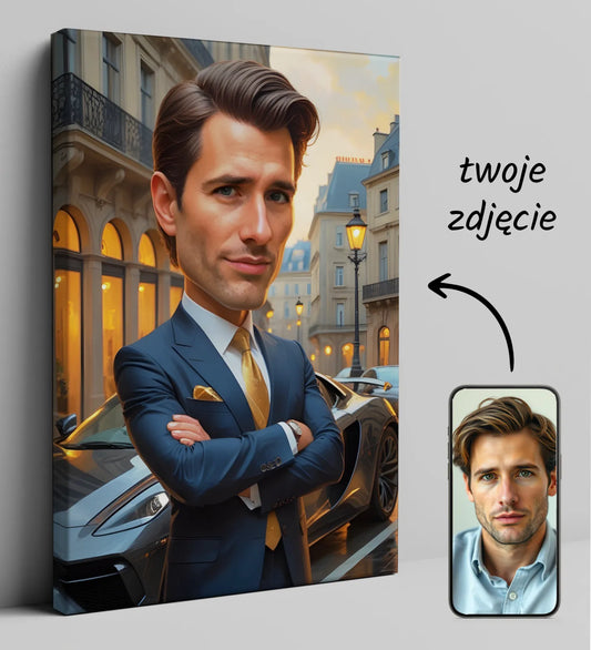 Karykatura na płótnie z samochodem, wyjątkowy portret artystyczny