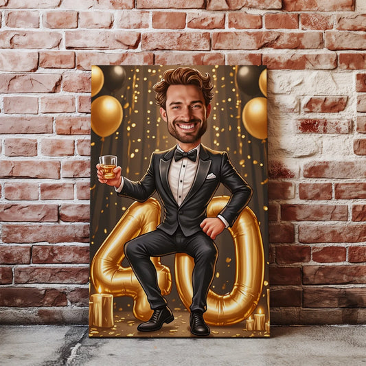 Karykatura mężczyzny świętującego czterdzieste urodziny